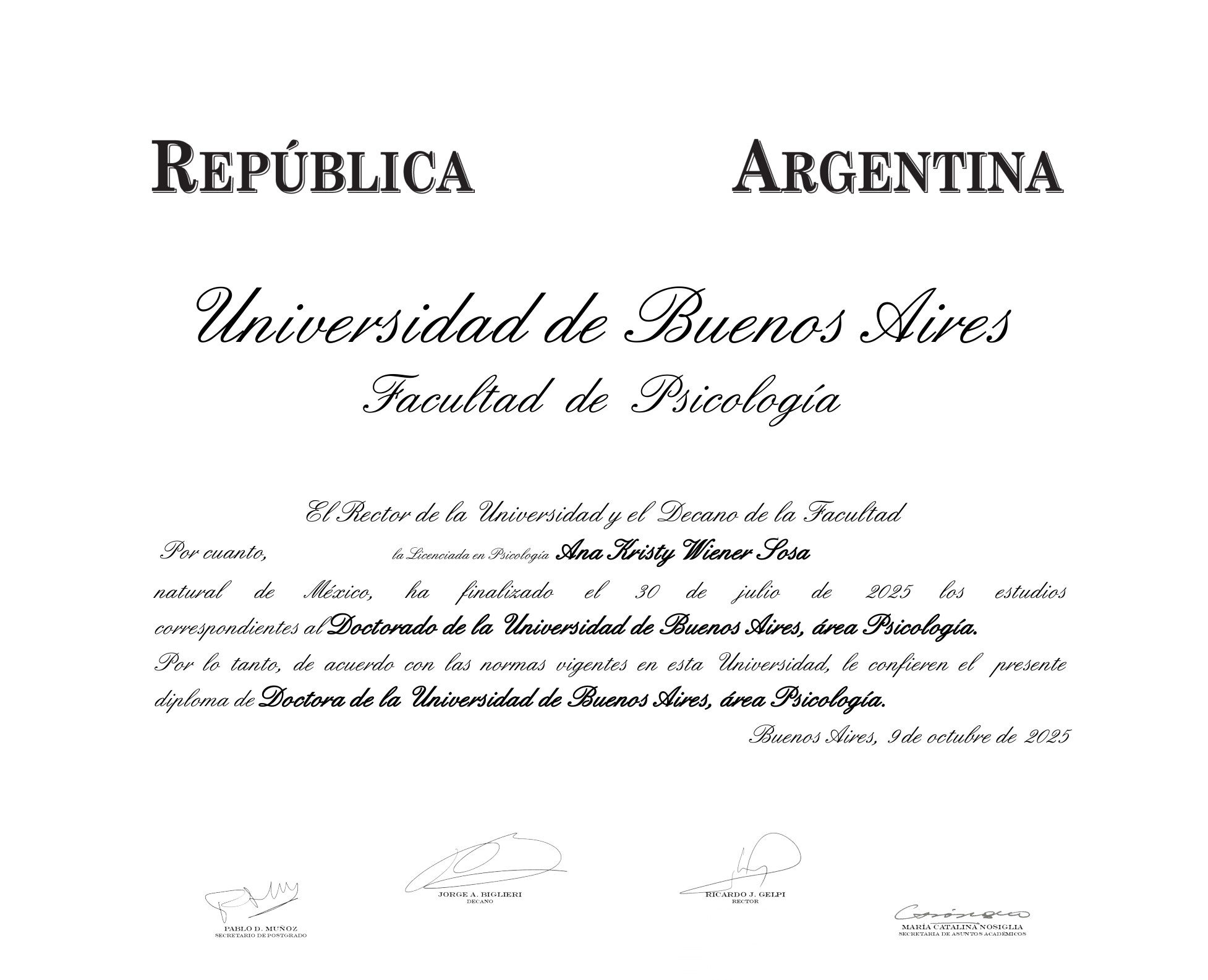 Diploma de Doctora en Psicología, Universidad de Buenos Aires (2025)